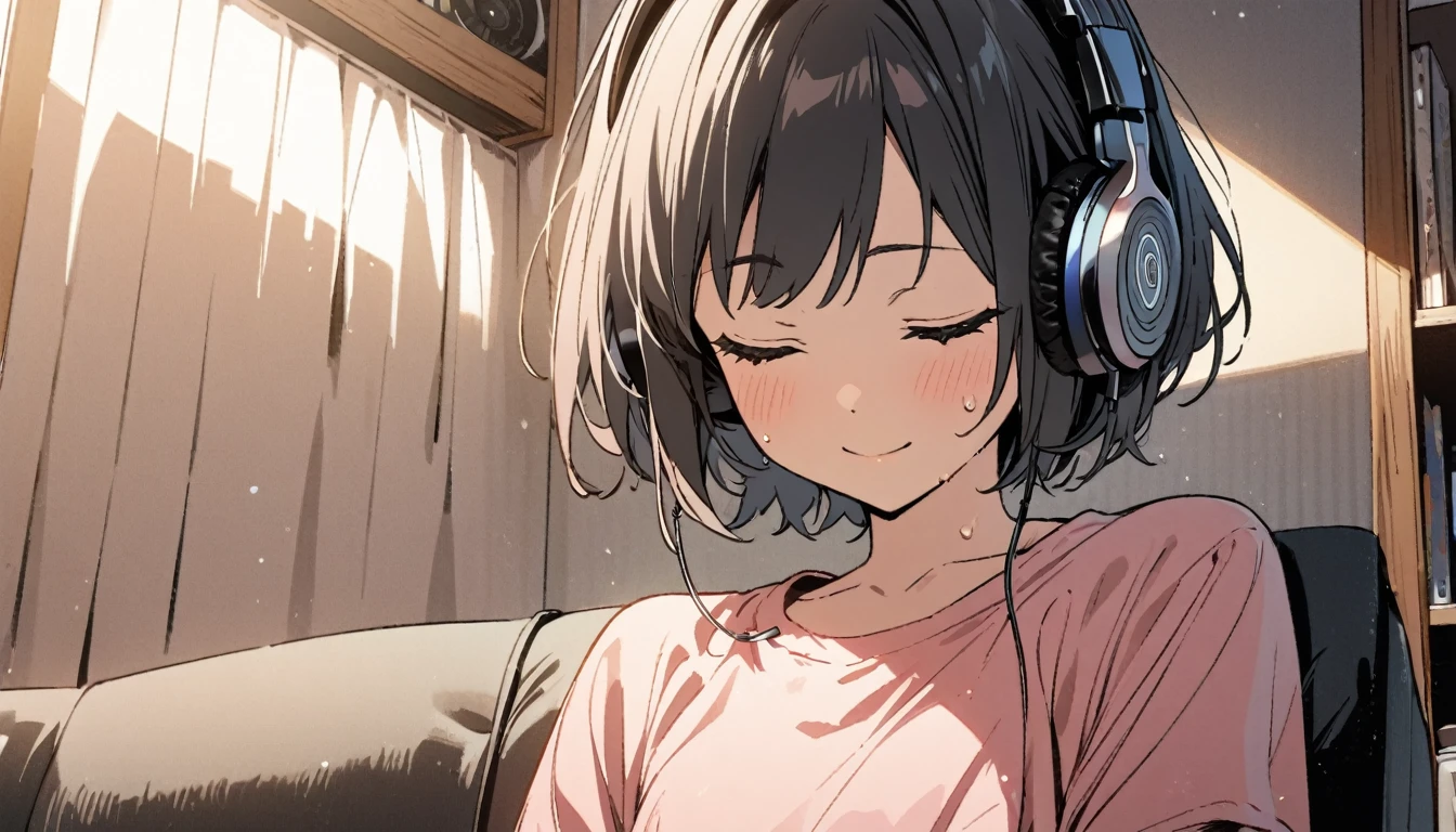 1girl, solo, flat chest, short hair, black hair, , black socks, standing, upper body, looking down, pink sweat shirt, gentle smile on her face ((masterpiece, illustration, best quality)) listening to music, close your eyes, indoors, sofa, headphones、detailed description