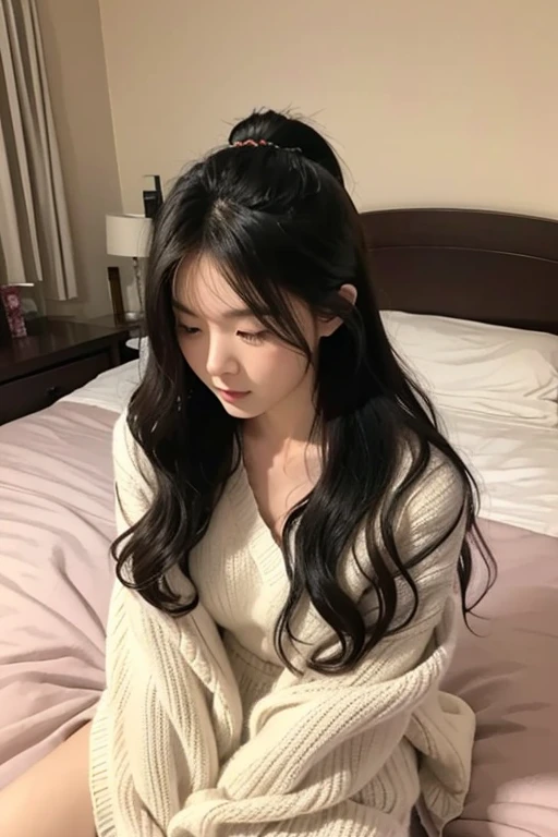 masterpiece、最高masterpiece、Japanese women、On the bed in a love hotel、Black Hair、long、Wavy hair、Clear、knit、Hair tied up in a half-up style、Slender body、Sitting on the bed、Wear half of your hair down、Wearing clothes、knitワンピース、Long-distance image、Far away、Farther away, alone、All the beds are shown、Western-style room、Make people smaller、Looking down and operating a smartphone