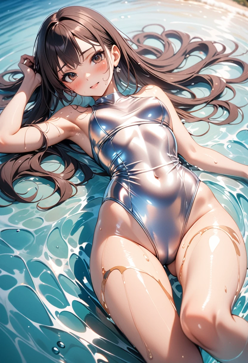 ((Metallic one-piece_swimsuits, lying on the water and floating, Mediterranean Sea)), skindentation, skinny, solo, 1 woman, Masterpiece, highest quality, highest quality, 16K, incredibly absurd, highly detailed, 2.5D, ai-generated, delicate and dynamic, very delicate facial expressions, delicate eye depiction, erotic, only sexy woman, healthy figure, 25-year-old woman, bride, 160cm tall, medium firm swaying bust, (dark hair), black eye, blush, Sweat,Embarrassed,sexy, ((thin thighs)), (Erect nipples:0.9), (visible nipples:0.9), (camel toe:0.8), ((shiny and lustrous)), facing straight at viewer, ((brown_skin:1.5)), ((Oily_skin)), sweaty skin, wet skin, dutch angle, sexy pose,lying,