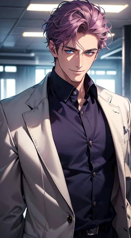 (best quality, masterpiece, 8K, photorealistic, cinematic lighting, 1:4 hdr image, ultra detailed, beautiful image), a mature man, 35 years very handsome, ((cold expression smile in love)), short  purple hair, blue eyes, face perfect without mistakes, ((buttoning his jacket, CEO)), smile.