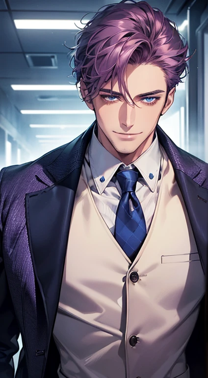 (best quality, masterpiece, 8K, photorealistic, cinematic lighting, 1:4 hdr image, ultra detailed, beautiful image), a mature man, 35 years very handsome, ((cold expression smile in love)), short  purple hair, blue eyes, face perfect without mistakes, ((buttoning his jacket, CEO)), smile.