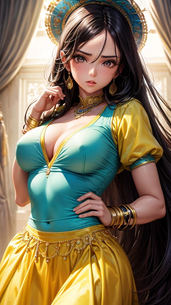 badashanren crushing the Venezuelan supermodel, long hair, pastel yellow dress, Cramped, undersized upper body portrait, big natural breasts, Hyper-Realism, highly detailed female bedroom background,lighting sun ,