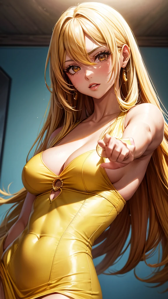 badashanren crushing the Venezuelan supermodel, long hair, pastel yellow dress, Cramped, undersized upper body portrait, big natural breasts, Hyper-Realism, highly detailed female bedroom background,lighting sun ,