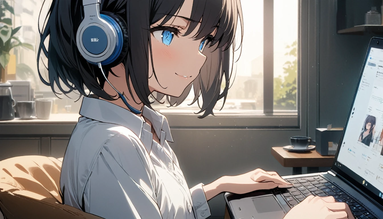 1girl, solo, blue eyes, (detailed eyes), flat chest, short hair, black hair, upper body, gentle smile on her face, wearing a white dress shirt, sitting up straight((masterpiece, illustration, best quality)) A woman operating a laptop in a stylish cafe、28 years old、adult atmosphere、Close-up, has a cup of coffee right beside her and is wearing headphones