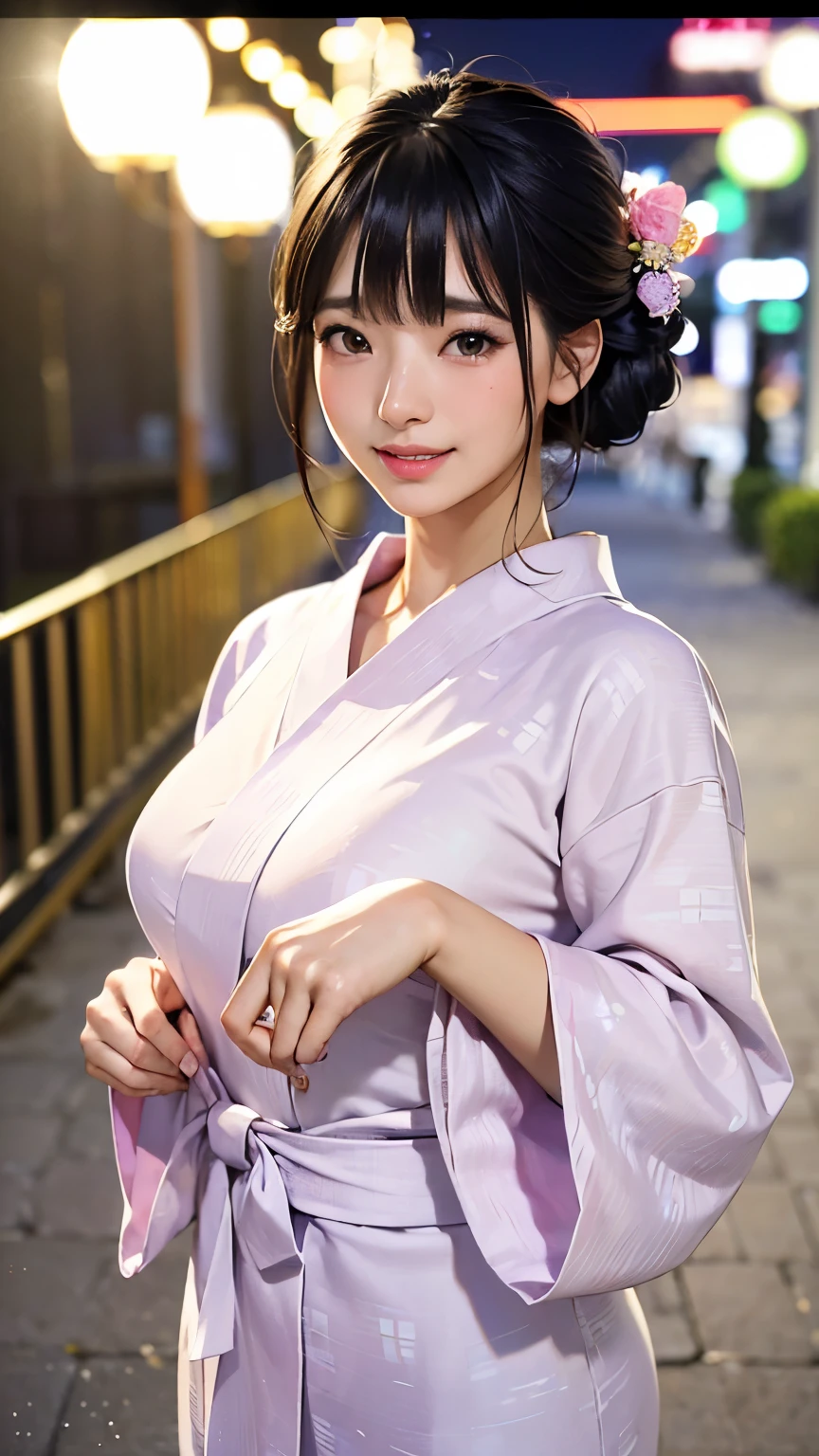 (logo、masterpiece、8K、Tabletop、RAW Photos、wonderful、最high quality、フォトリアリスティックでVery detailedな CG 複合 8K 壁紙、high quality、Very detailed、Narrative poem、Particle Effects、Dynamic Effects、Depth of the Boundary、Cinematic Light、Lens flare、Ray Tracing)、 (One beautiful woman wearing a yukata、White yukata、Light purple pattern)、Black-haired、High definition skin、Very fine、Fine skin texture、Beautiful Face、True Face、Beautiful details in the eyes、Realistic eyes、Beautifully detailed eyes、Realistic Skin、Beautiful Skin、Surreal、Smiling Eyes、Hair and light eyes、vivid、Colorful lights and bokeh、plump lower lip、Pink Lips、Hair flutters in Wind、Hair bounces、wonderful景色、night、evening、Wind、moonlight、moonlight、light