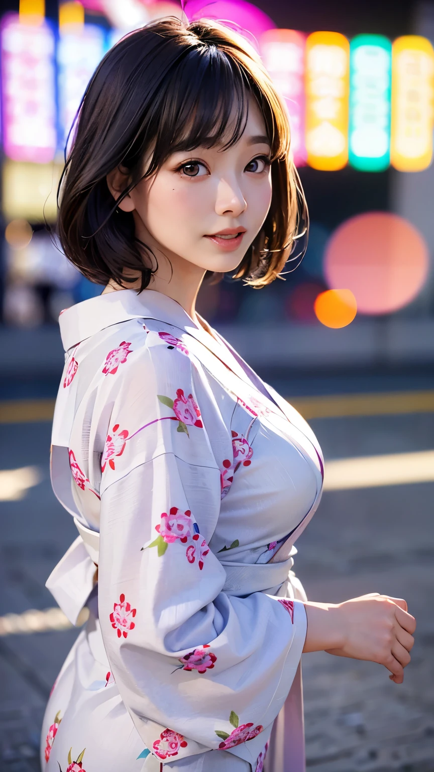 (logo、masterpiece、8K、Tabletop、RAW Photos、wonderful、最high quality、フォトリアリスティックでVery detailedな CG 複合 8K 壁紙、high quality、Very detailed、Narrative poem、Particle Effects、Dynamic Effects、Depth of the Boundary、Cinematic Light、Lens flare、Ray Tracing)、 (One beautiful woman wearing a yukata、White yukata、Light purple pattern)、Black-haired、High definition skin、Very fine、Fine skin texture、Beautiful Face、True Face、Beautiful details in the eyes、Realistic eyes、Beautifully detailed eyes、Realistic Skin、Beautiful Skin、Surreal、Smiling Eyes、Hair and light eyes、vivid、Colorful lights and bokeh、plump lower lip、Pink Lips、Hair flutters in Wind、Hair bounces、wonderful景色、night、evening、Wind、moonlight、moonlight、light