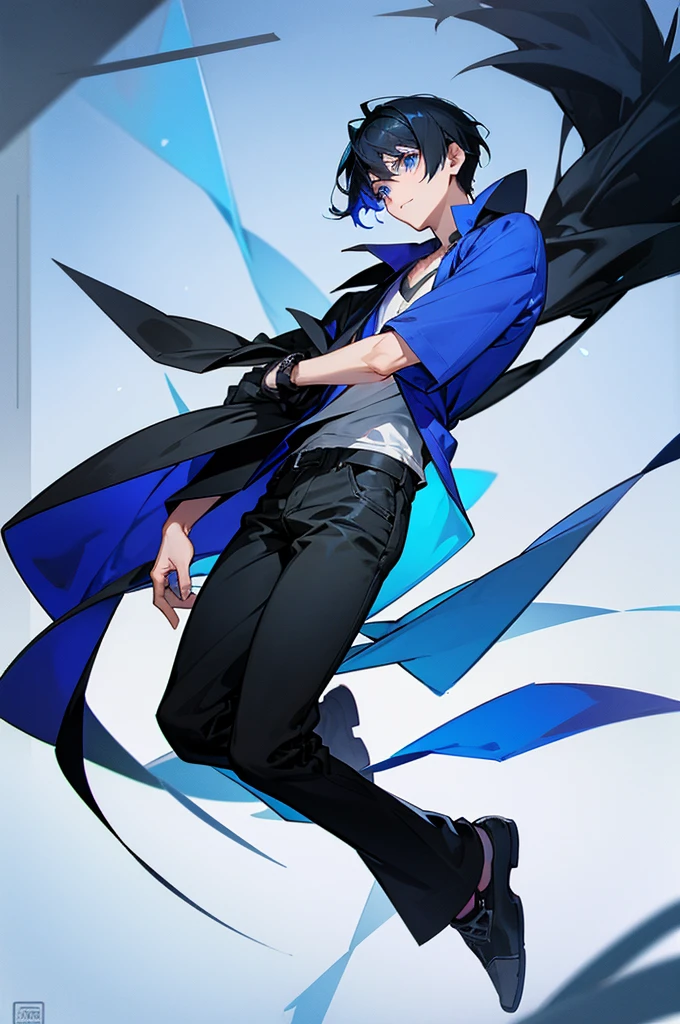 A boy with raven black hair and sapphire blue eyes(full body picture) in casual clothing