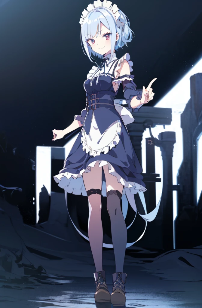 [(cathedral background:1.4)::5],original,(illustration:1.1),(best quality),(masterpiece:1.1),(extremely detailed CG unity 8k wallpaper:1.1), (colorful:0.9),(mid shot:0.95),(full body:1.5),Dynamic angle,(solo:1.2), (girl),((adult)), (detailed beautiful eyes:1.15), (beautiful face:1.15), (glowing red eyes:1.25////),((dark blue short hair)),(blunt bangs),(chignon),(+perfect hand+:1.21),(Draw an illustration of a gothic girl),(Religious),(slender),(is wearing boots on her feet),((is wearing maid clothes)),(furious), Lace Off-shoulder lolita fashion,beautiful slender woman,((evil smile)),white miko thighhighs,adult,