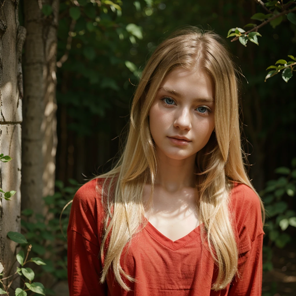long hair, blonde, 20 year old, blue eyes, delicate face, fashionable, nature, red shirt
