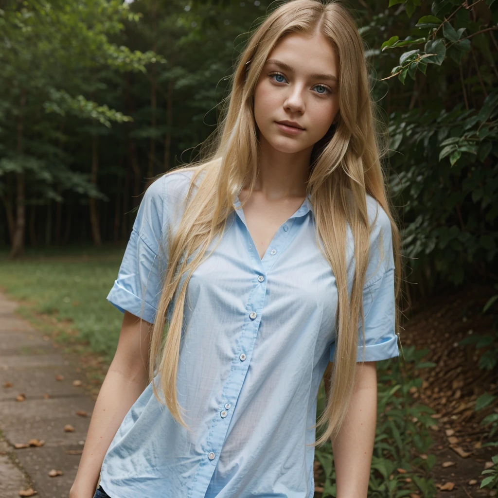 long hair, blonde, 20 year old, blue eyes, delicate face, fashionable, nature, red shirt