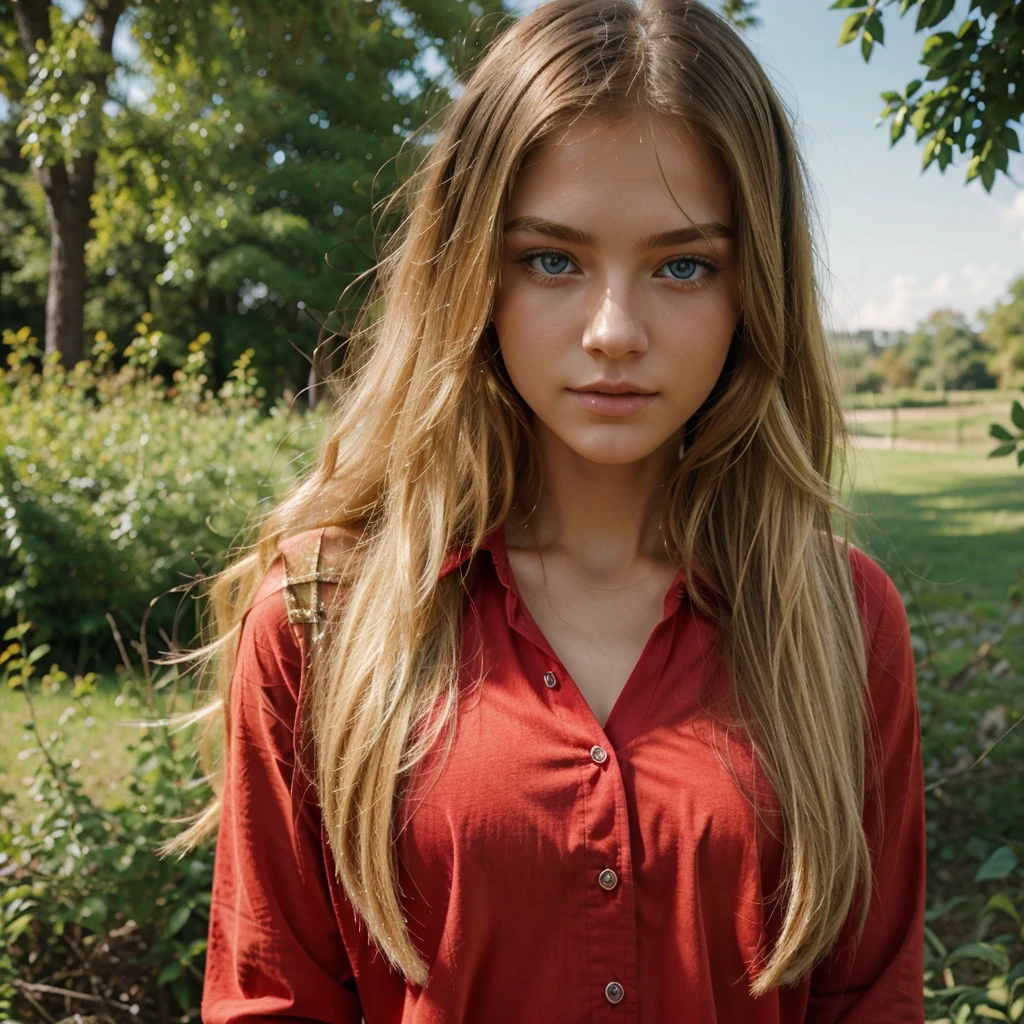 long hair, blonde, 20 year old, blue eyes, delicate face, fashionable, nature, red shirt