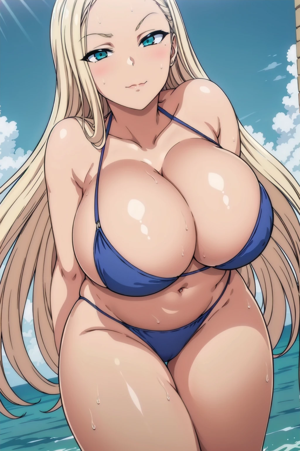 masterpiece, photoreal, high definition, slim waist, long legs, wet skin, huge ass, huge breasts, slim waist, long legs, best quality, absurdres, perfect anatomy, 1girl, solo, Sailormoon, (1990s \(style\), blonde hair, long twintails, smile, blue eyes, black bikini, white thigh highs, covered in cum, wet skin, cum drip, bukkake, breast milk, cum on face, cum on tits, lip biting, kneeling, crouching, at the beach