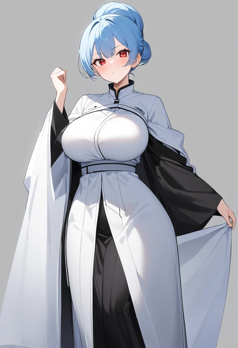 My name is Yukiko.I am a white test woman with long light blue hair,red eye color.I am 1.62 cm tall . My breasts measure 200 cm, my waist 40 cm and my hips 200 cm. Dressed in a short scientific gown and a black skirt with her hair up. With big breasts 200 cm