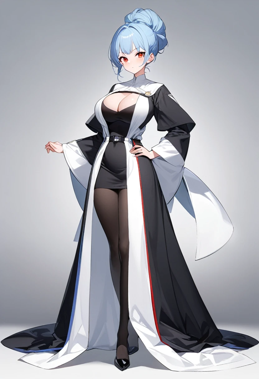 My name is Yukiko.I am a white test woman with long light blue hair,red eye color.I am 1.62 cm tall . My breasts measure 200 cm, my waist 40 cm and my hips 200 cm. Dressed in a short scientific gown and a black skirt with her hair up. With big breasts 200 cm