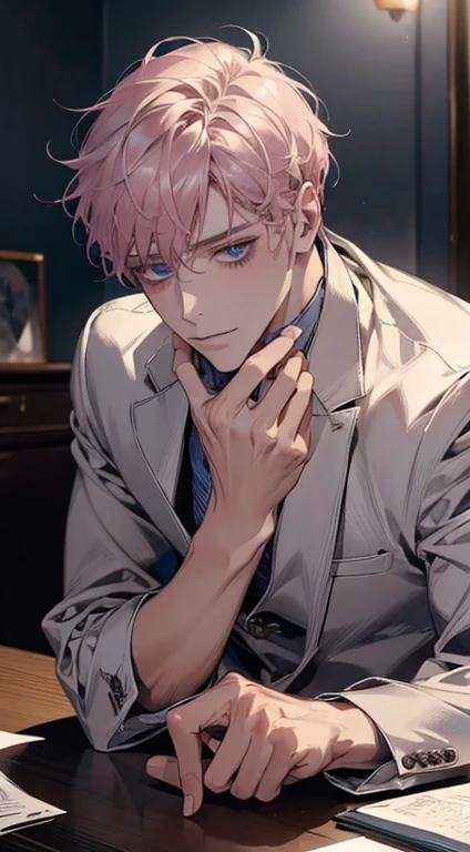 (best quality,4k,8k,highres,masterpiece:1.2),ultra-detailed,(realistic,photorealistic,photo-realistic:1.37),1 man,31 years old,mature man,very handsome,without expression smile in love,short grey pink hair,blue eyes,penetrating gaze,perfect face without errors,imposing posture,businessman,office background,cinematic lighting,hdr image