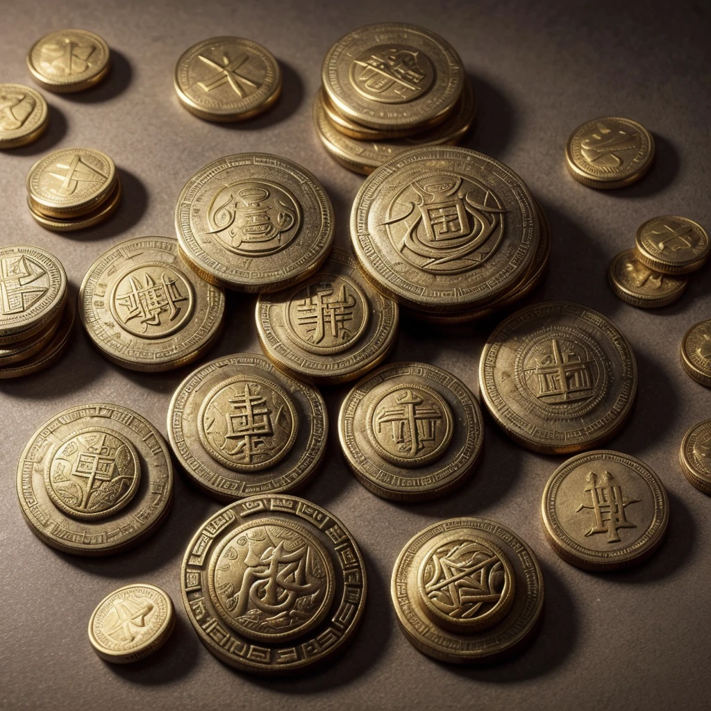 Create image of ancient coins minted with symbols of stoicism virtue: courage, justice, temperance and wisdom