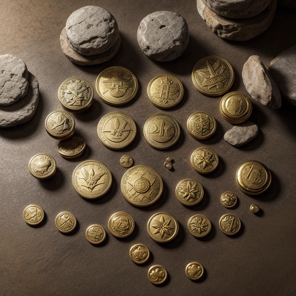 Create image of ancient coins minted with symbols of stoicism virtue: courage, justice, temperance and wisdom