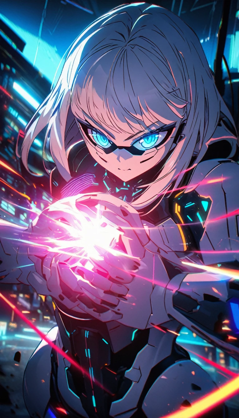 Anime Style, best effects, 8k, best illumination, cyberpunk style, vivid colors. android woman with blue eyes and shoulder-length white hair and a body with white robotic parts shooting a dense beam of energy from her hands, destroying a cybernetic research laboratory. consistent character