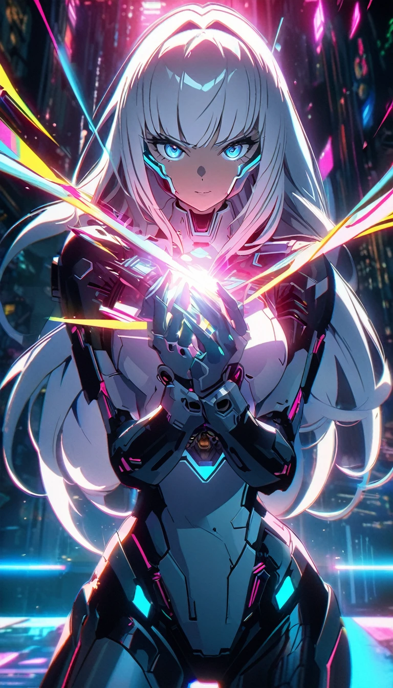 Anime Style, best effects, 8k, best illumination, cyberpunk style, vivid colors. android woman with blue eyes and shoulder-length white hair and a body with white robotic parts shooting a dense beam of energy from her hands, destroying a cybernetic research laboratory. consistent character