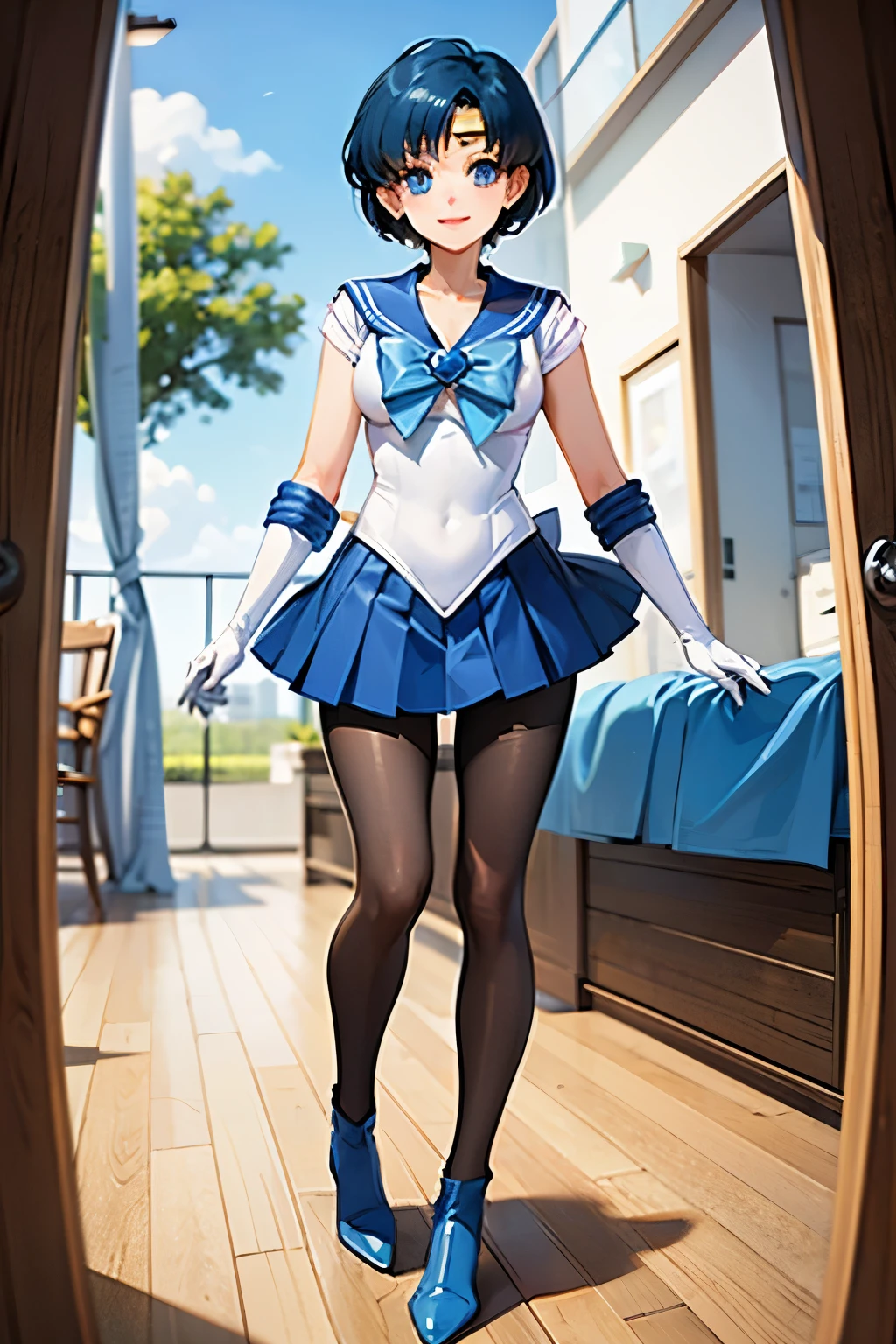 Highest quality, (masterpiece:1.2), Very detailed,
One girl, alone,
View your viewers, smile, Medium chest,
Water Eye, Blue Hair, short hair、((hose))、Bedroom、((Sailor Mercury))、((Long gloves))、leotard、mini skirt、boots
