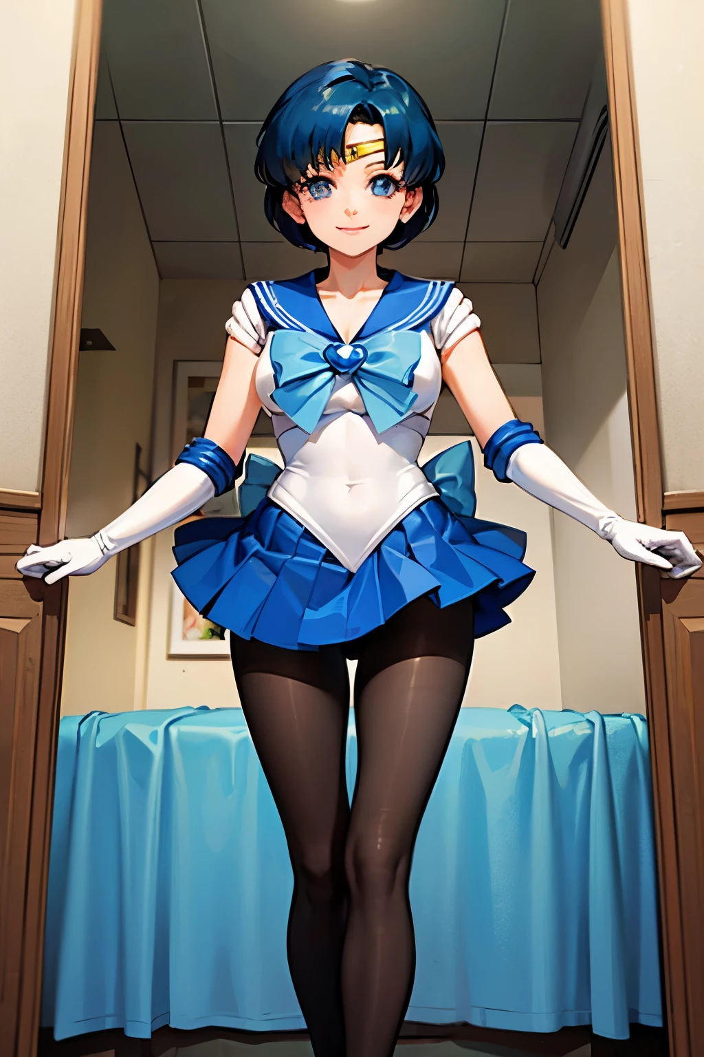 Highest quality, (masterpiece:1.2), Very detailed,
One girl, alone,
View your viewers, smile, Medium chest,
Water Eye, Blue Hair, short hair、((pantyhose))、Bedroom、((Sailor Mercury))、((Long gloves))、leotard、mini skirt、boots