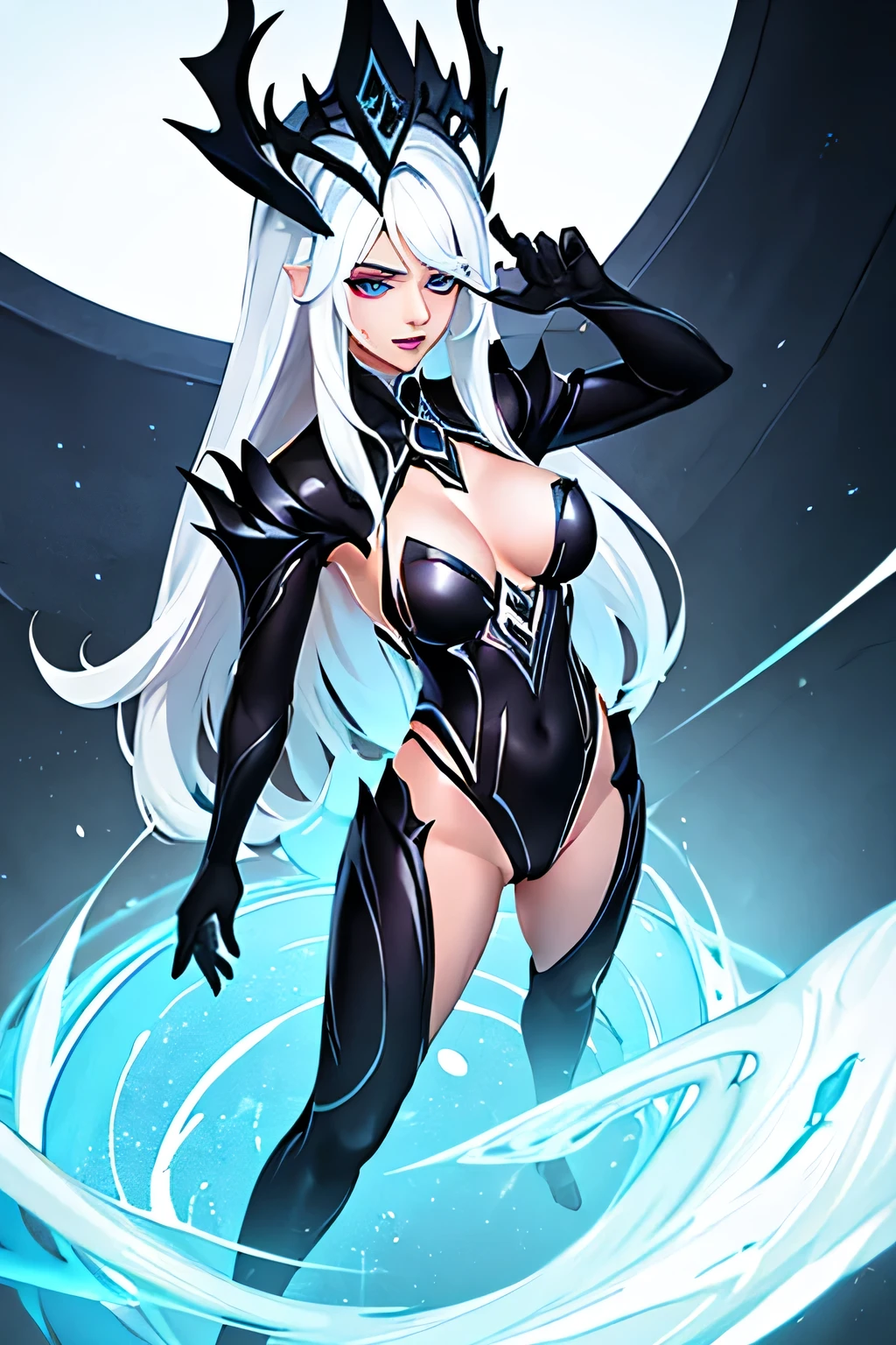 New photo of Syndra, defined body, white hair, breasts big, big glutes,facing the camera, malignant aura, standing, black energy ball in the palm, in town, orgasm face, nsfw, fighting pose, (ultra detaild, face detailed, Beautiful eyes)