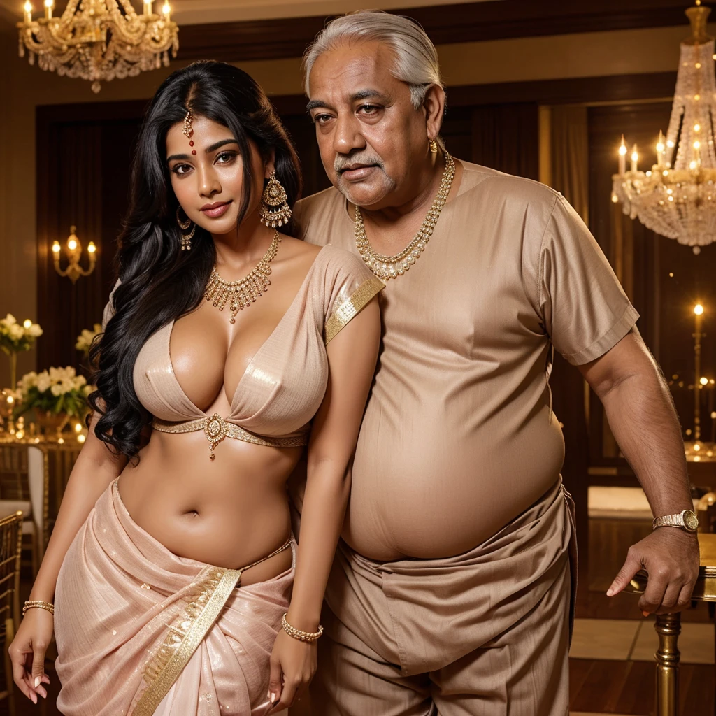 
Hot sexy beautiful one  indian girl with hugging ugly fat old man,   long sparkling chandelier earrings,big breasts, nude ,black hair ,blush, saree, white hair old man, big dick