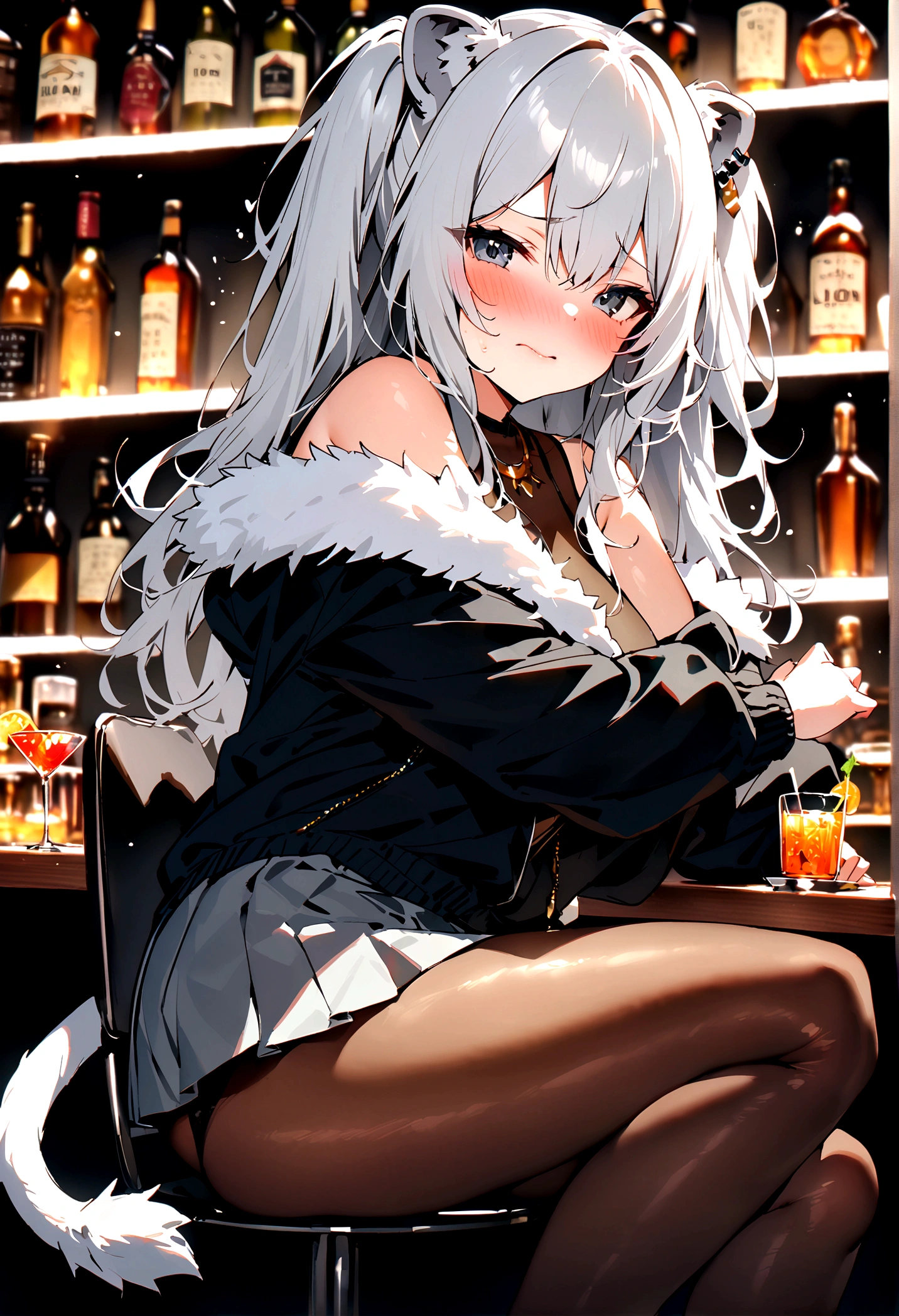 NSFW,masterpiece,Highest quality,High resolution,Super detailed,Shishirabotan\(Hololive\),Long Hair、Two Side Up、Earrings、Lion&#39;s Tail,necklace、Black Shirt、Sleeveless shirt、abdomen、See-through、Grey Skirt、片足pantyhose、pantyhose、fur-trimmed jacket、Black jacket、Off the shoulder,Black sexy panties,Embarrassed,blush,Luxurious Room,pub,counter,chair,Cocktail Glass,(Drunk),(Intoxication),Sitting in a chair,heart,Sexy pose,Panty shot,Nampa,From the side