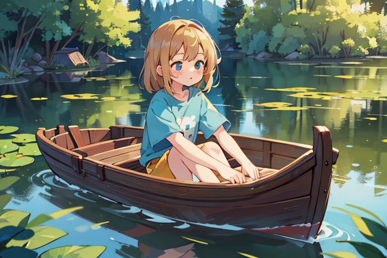 high resolution,high quality,(Perfect body),Perfect face,small pond,the water is clear,舟,(Wooden boat),Boat floating on a pond,Girl,Chestnut Hair,Medium Hair,Light blue T-shirt,Yellow shorts,Dozing off