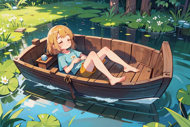 high resolution,high quality,(Perfect body),Perfect face,small pond,the water is clear,舟,(Wooden boat),Boat floating on a pond,Girl,Chestnut Hair,Medium Hair,Light blue T-shirt,Yellow shorts,Dozing off