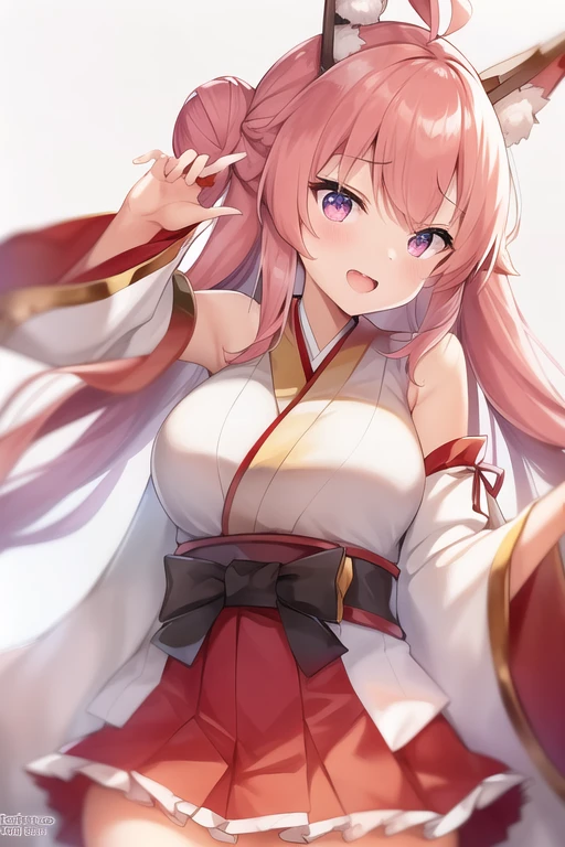 One girl, alone, Long Hair, King Kongu (Kantai Collection),Sakura Miko, Pink Hair, Double Bang, Purple eyes, Hair Bun, Ahoge, Open your mouth, Non-traditional Shrine Maiden, Removable sleeves, Brown eyes, White Background, (headgear):2, (Hair Bunド):2, smile, Sleeves edged with ribbon, Simple Background, kimono, Ribbon trim, View your viewers,  username, Upper Body, Wide sleeves, :d, King Kong