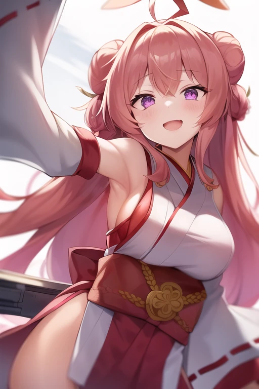 One girl, alone, Long Hair, King Kongu (Kantai Collection),Sakura Miko, Pink Hair, Double Bang, Purple eyes, Hair Bun, Ahoge, Open your mouth, Non-traditional Shrine Maiden, Removable sleeves, Brown eyes, White Background, (headgear):2, (Hair Bunド):2, smile, Sleeves edged with ribbon, Simple Background, kimono, Ribbon trim, View your viewers,  username, Upper Body, Wide sleeves, :d, King Kong
