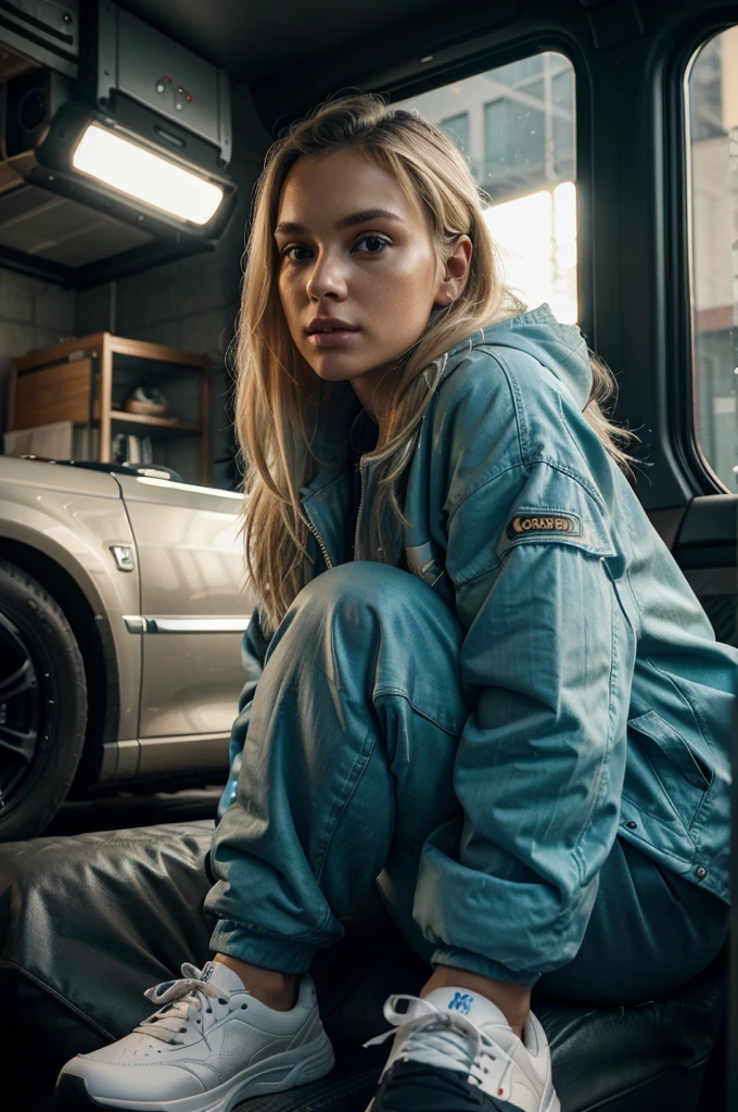 blonde woman sitting on a car backseat, wearing puffy jacket and sweatpants with sneakers, detailed portrait, realistic, cinematic lighting, warm color tones, (best quality,4k,8k,highres,masterpiece:1.2),ultra-detailed,(realistic,photorealistic,photo-realistic:1.37),HDR,UHD,studio lighting,ultra-fine painting,sharp focus,physically-based rendering,extreme detail description,professional,vivid colors,bokeh,portrait
