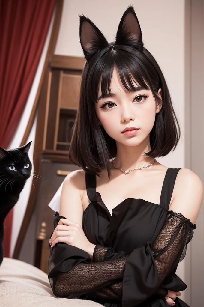 Make an album cover for the half-woman, half-cat singer, cute and formal