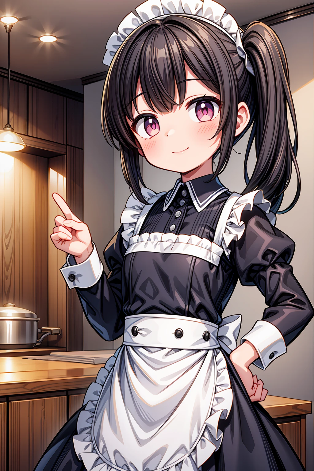 (Highest image quality), (highest quality), (masterpiece), (dynamic lighting), (photo realism), maid uniform, detailed face, ((loli)), ((girl)), (little curve), short black hair, one side ponytail hairstyle, pink eyes, ((very small bust)), (apron), smile, winking, kitchen background, ((very blushing)), ((detailed hands and fingers)), hands on the hips, viewer perspective from below, (blush), more detailed