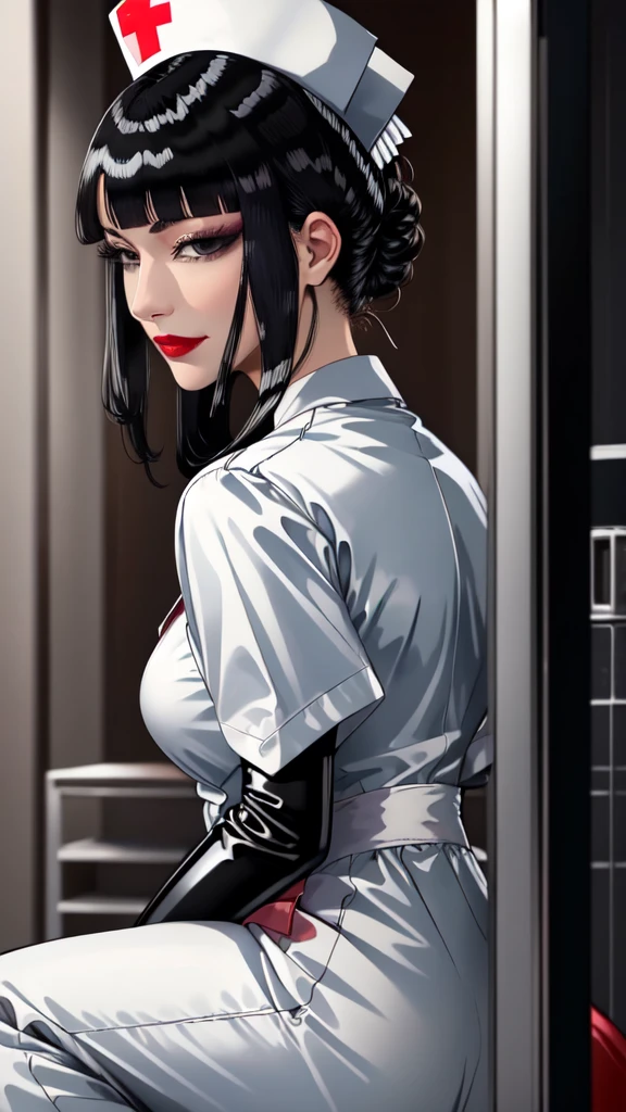 (masterpiece, best quality), SShutaraV4, 1girl, solo, slight smile, long hair, bangs, blunt bangs, sidelocks, (black eyes), (black hair:1.4), makeup, lipstick, red lipstick, mature, mature female, nurse uniform, rubber gloves,