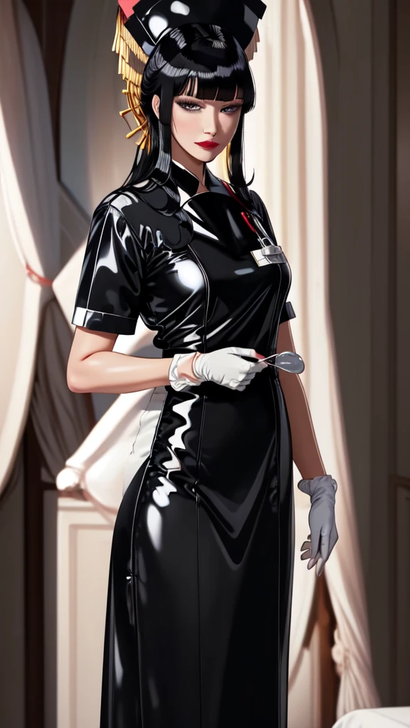 (masterpiece, best quality), SShutaraV4, 1girl, solo, slight smile, long hair, bangs, blunt bangs, sidelocks, (black eyes), (black hair:1.4), makeup, lipstick, red lipstick, mature, mature female, nurse uniform, rubber gloves, 