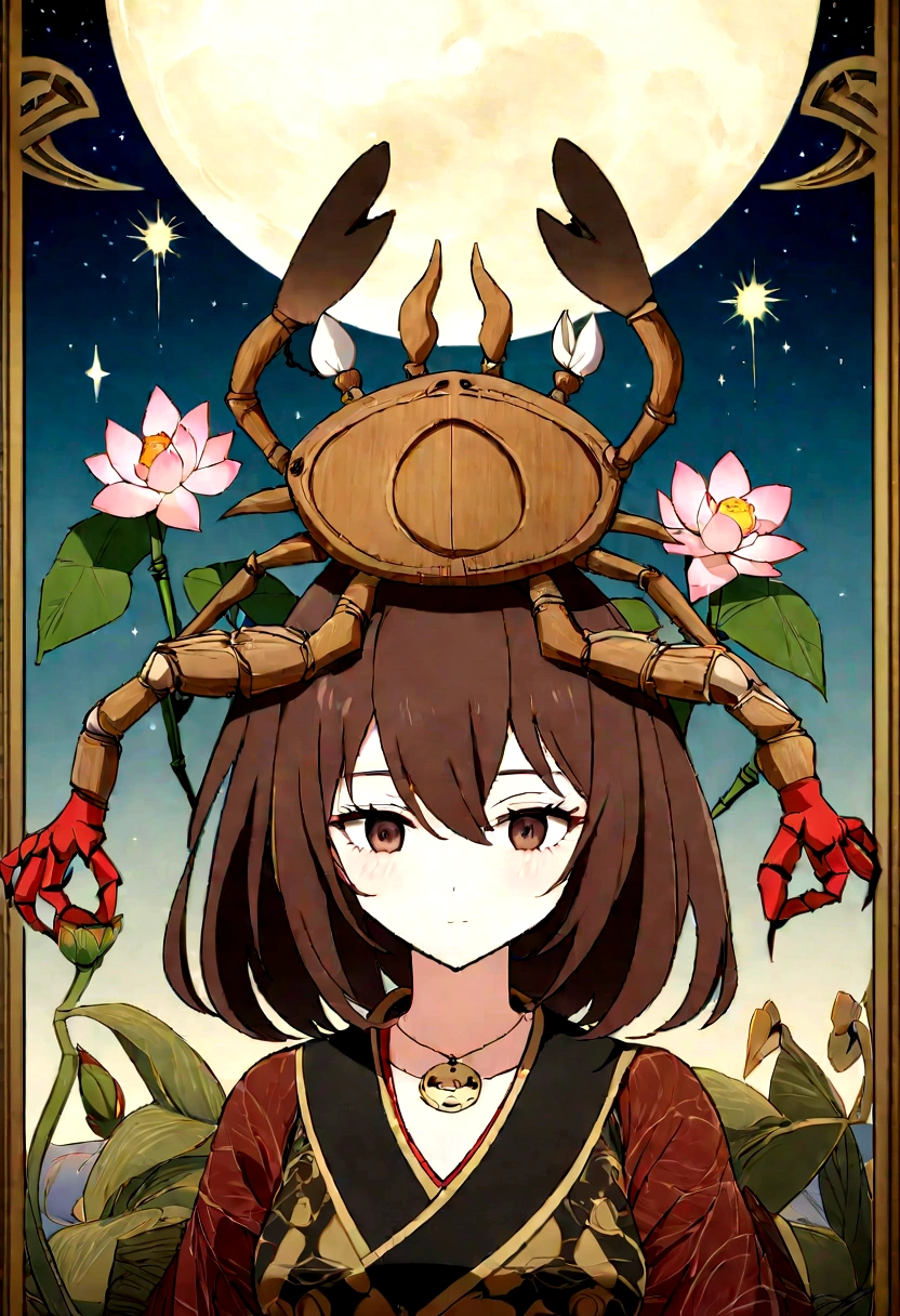 Create a drawing based on Aku Aku and uka uka from crash (wooden mask with other natural materials such as bamboo or feathers even flowers) in the shape of a crab, that represent the sign of Cancer, with a moon and accompanied by a lotus flower of vibrant colors. It would be a unique image full of symbolism. Half of the mask is aku aku type and the other half is uka uka but based on a pianist crab, that its pins go down the girl's neck and on its pincers a crown of lotus flowers and the moon in the background, and the constellation of the cancer sign, anime type image of a girl brown hair chinese eyes coffee color