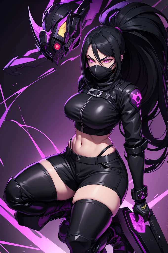 Strong woman villain, smug face, Black hard mask over mouth, long black hair, purple glowing eyes, black Rubber shorts, exposes midriff, Long black rubber gloves, long black rubber boots, silver machine attached to back, purple liquid wires on wrist attached to machine on back,