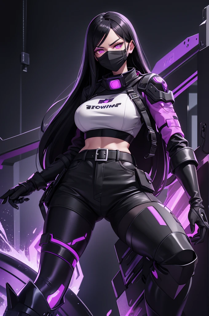Strong woman villain, smug face, Black hard mask over mouth, long black hair, purple glowing eyes, black Rubber shorts, exposes midriff, Long black rubber gloves, long black rubber boots, silver machine attached to back, purple liquid wires on wrist attached to machine on back,