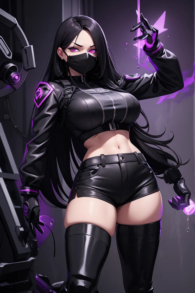 Strong woman villain, smug face, Black hard mask over mouth, long black hair, purple glowing eyes, black Rubber shorts, exposes midriff, Long black rubber gloves, long black rubber boots, silver machine attached to back, purple liquid wires on wrist attached to machine on back,