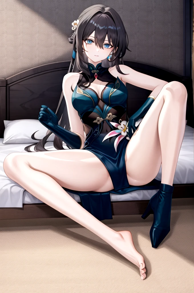 RUANMEI,Bangs,Long hair,skirt,Gloves,Hair between the eyes,Jewelry,Hair accessories,blue eyes,Black Hair,flower,black Gloves,blue skirt,indoors,bedroom,on the bed,A faint smile, 1 Girl,
, (masterpiece,best quality:1.2),absurd,whole body,Long legs,pretty feet,Bare legs,sexy,spread the legs,tall,thin legs