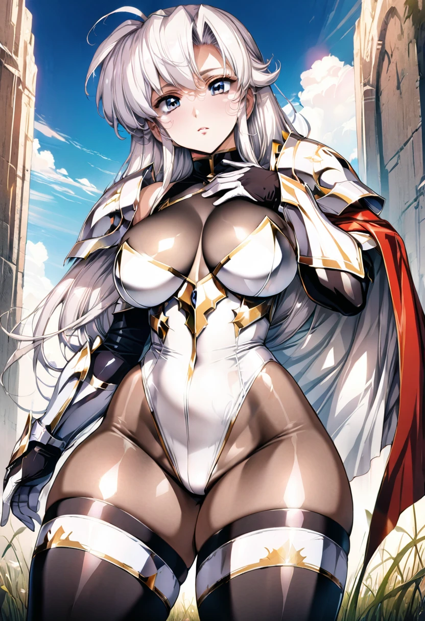 ((highest quality)), ((masterpiece)), ((hyperrealistic)), (detailed background), anime style, solo, shoot from below, 1girl, ((curvy: 1.2)), kawaii, paladin, ((Lamé racing leotard)), ((catsuit leotard)), (paladin armor), (breastplate armored dress), cloak de cour, gauntlet, gloves, white hair, ahoge, (huge breasts), see-through cleavage cutout, (zettai ryouiki black thigh high socks), (black see-through pantyhose thighs), (See-through pantyhose groin area), beautiful eyes, perfect face, Perfect hands, perfect fingers, Blue sky and grassland,