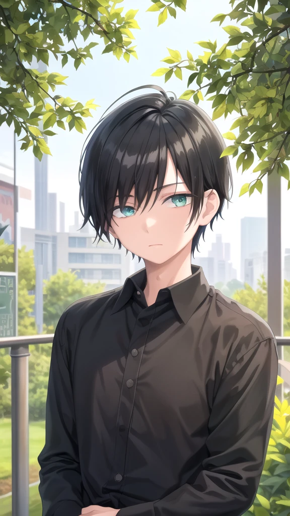 masterpiece, best quality, high quality, 1boy, solo, 14-year-old boy,male focus, looking at viewer , black hair, old-school swoop haircut,upper body , emerald eyes,