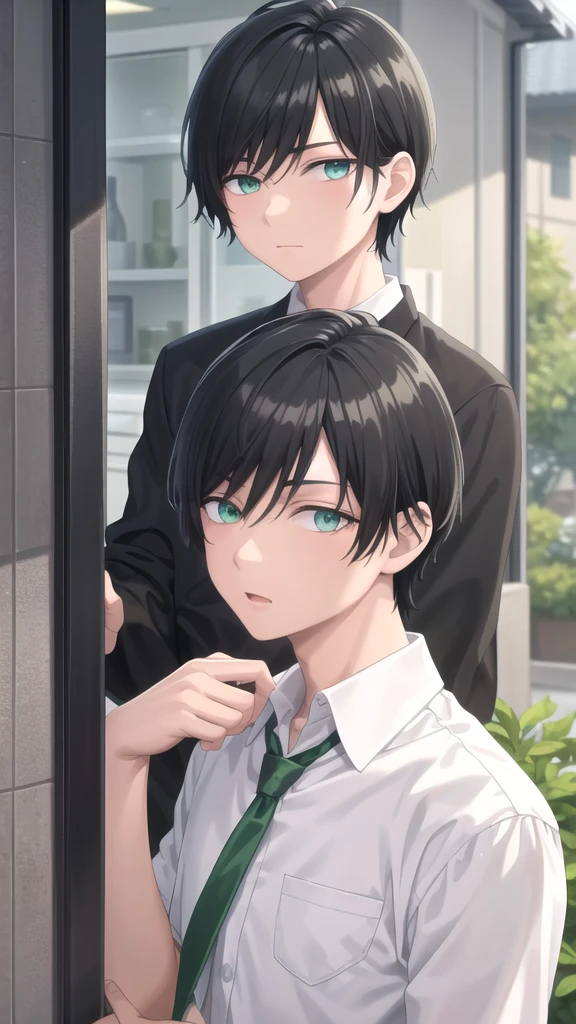 masterpiece, best quality, high quality, 1boy, solo, 14-year-old boy,male focus, looking at viewer , black hair, old-school swoop haircut,upper body , emerald eyes,