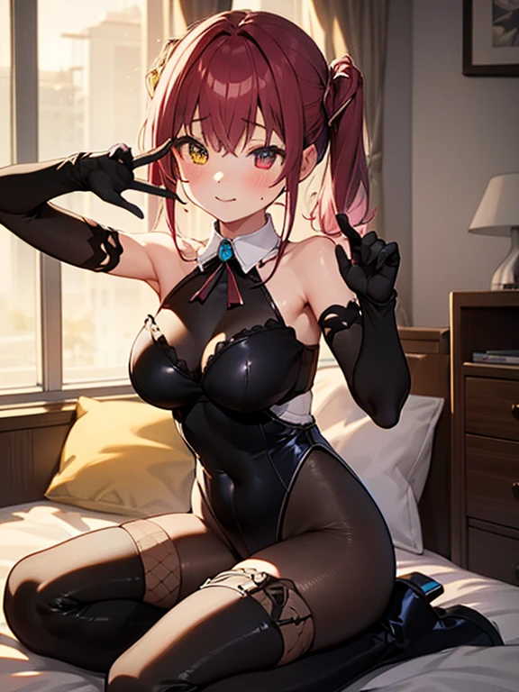 Browsing Caution,One Girl,Heterochromia iridis,Marine、Black leotard、Black Pantyhose、Black gloves、Striped Hair、Thigh-high boots,Love Hotel at Night,Bedroom,Night view,(Perfect hands),(Perfect Anatomy),(masterpiece),(Highest quality),Embarrassing,blush,One Man