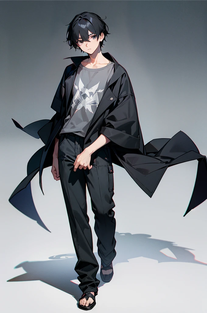 A boy with raven black hair and dark gray eyes(full body picture) in casual clothing