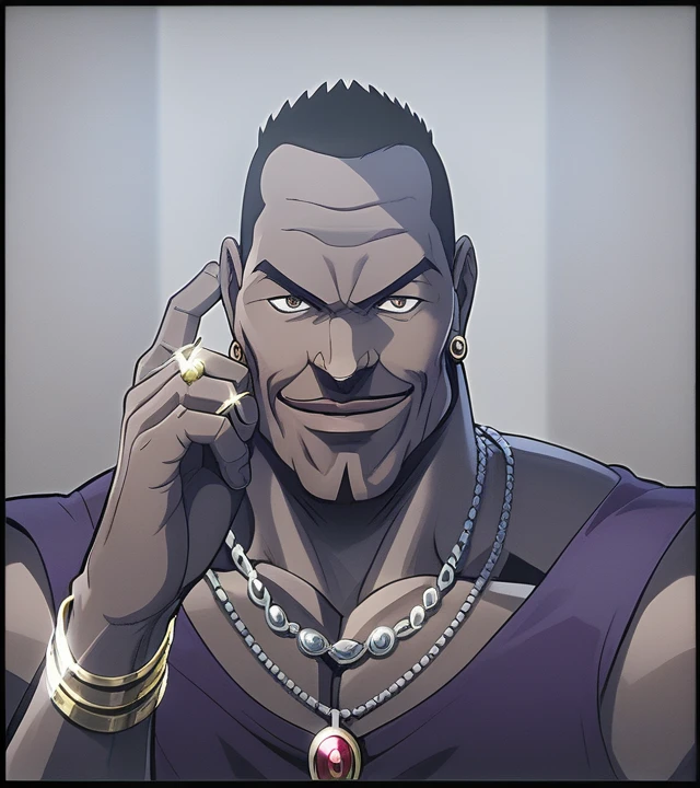 score_9, score_8_up, score_7_up, olivabiscuit, 1boy, solo, purple shirt, necklaces, ring, bracelets, gold, brown eyes, male focus, cocky smirk, looking at viewer, short hair, black hair, dark skin, facial hair, dark-skinned male, muscular male, bara, bald, manly, veins, meme, hand focus, points his temple, perfect, perfection, dynamic lighting, glare, extremely detailed, portrait, white background