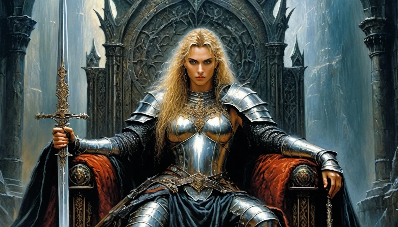 Highly detailed, UHD, 32k, medieval fantasy, Luis Royo style, heavy metal magazine cover, oil on canvas. A hero with a mithril sword in a throne room