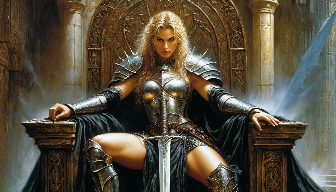 Highly detailed, UHD, 32k, medieval fantasy, Luis Royo style, heavy metal magazine cover, oil on canvas. A hero with a mithril sword in a throne room